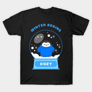 Winter Begins Cozy Penguin (Blue) T-Shirt